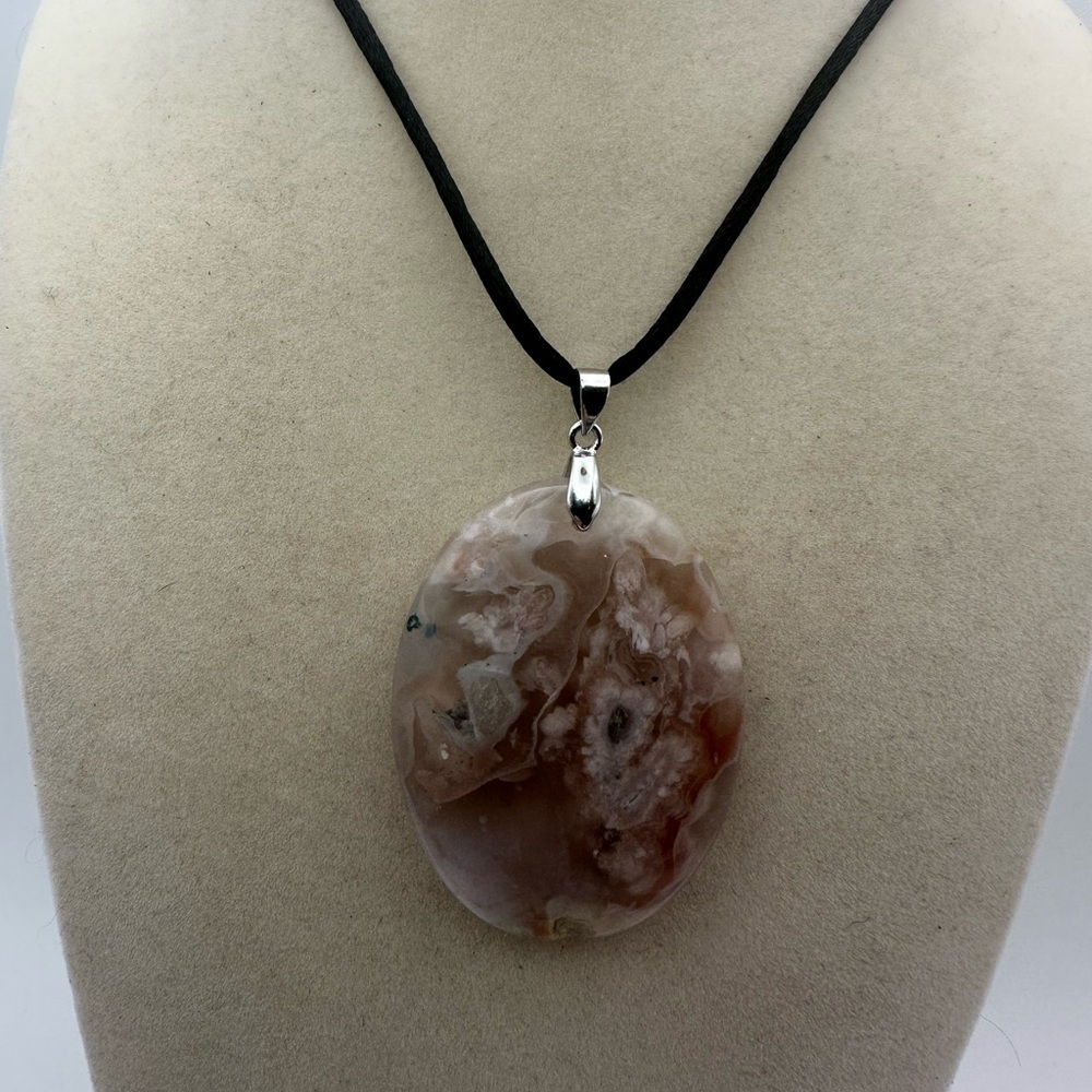 Oval Flower Agate Pendant on Satin Rope - Picture 7 of 11